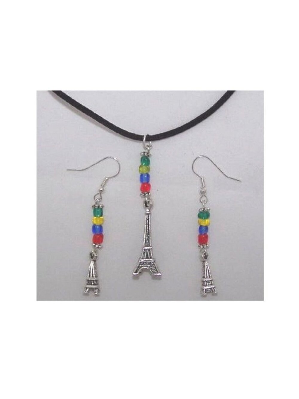 Necklace Earrings 3D Eiffel Tower Charms Red Green Yellow Blue Beads Black Cord